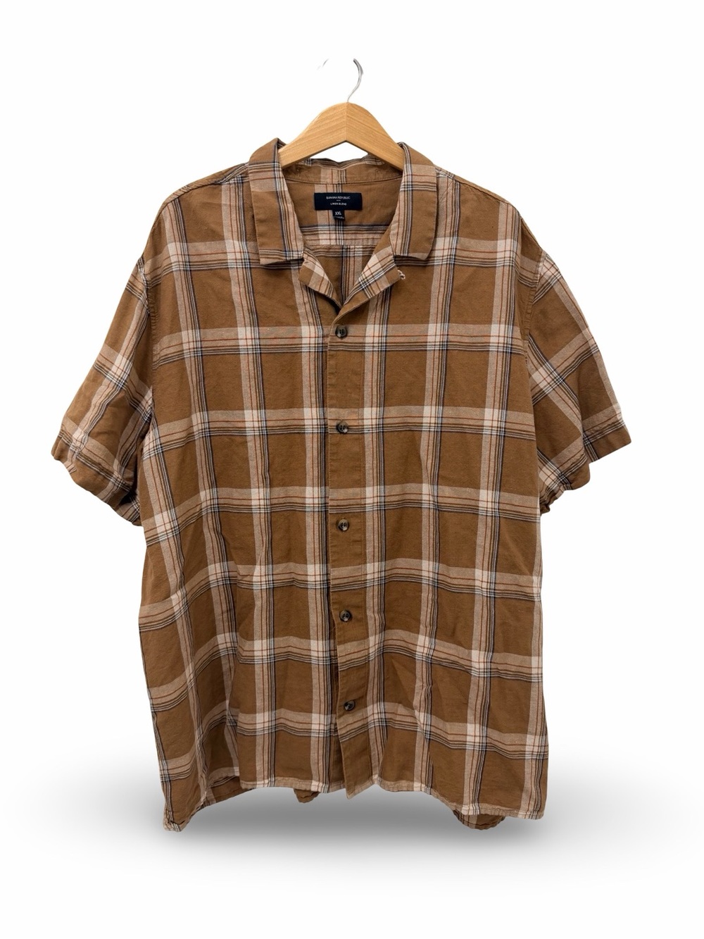 Banana Republic Factory brown plaid linen-blend resort shirt Size XXL